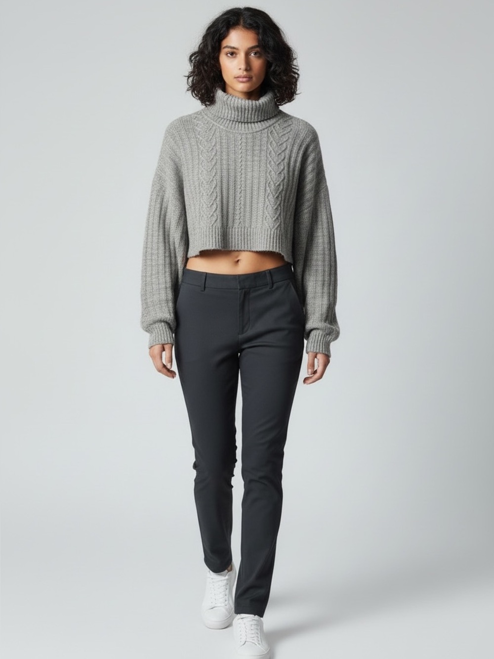 Divided H&M Turtleneck Cable Knit Cropped Sweater - Light Gray
